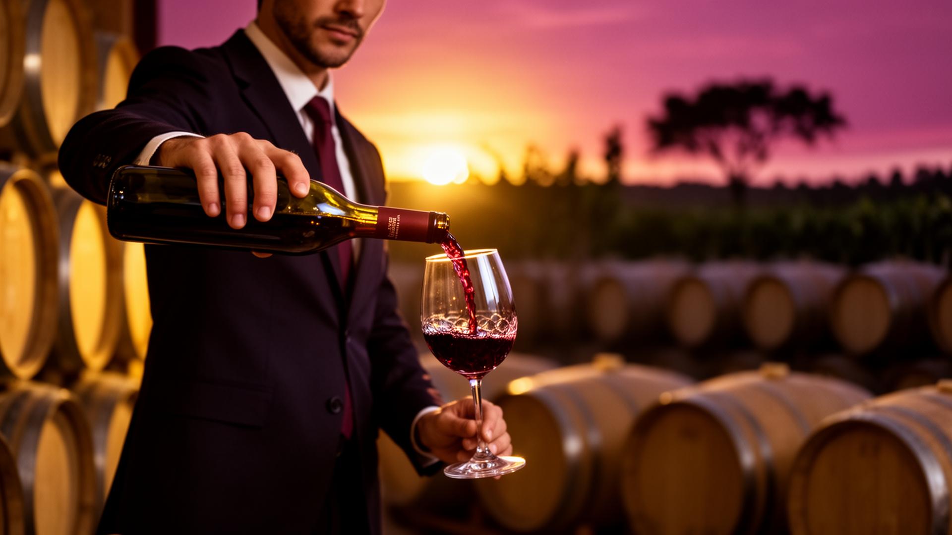 Sommelier sirviendo vino tinto en una copa de cristal en una bodega premium española